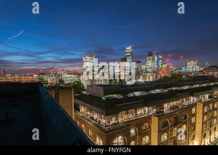 City of London panoramic view of sky scrapers at night Gherkin, Walkie Talkie, Tower of London, UK. Stock Photo