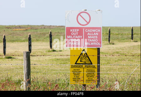 Danger sign at Castlemartin military firing range,near Bosherton,Pembrokeshire,Wales, Stock Photo