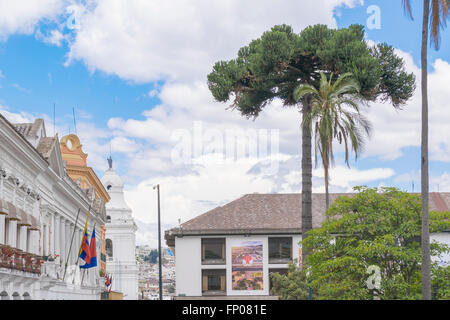 QUITO, ECUADOR, OCTOBER - 2015 - Low angle view of eclectic style buildings at the historic center of Quito in Ecuador. Stock Photo