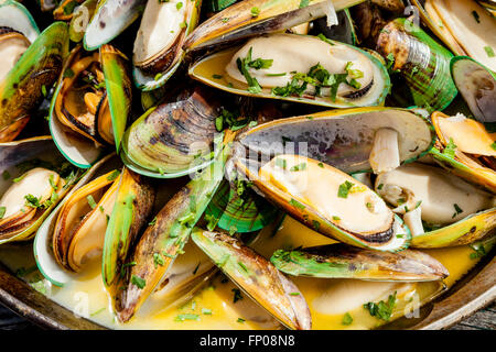 New Zealand Green-Lipped Mussels, Restaurant, Waipu, North island, New Zealand Stock Photo