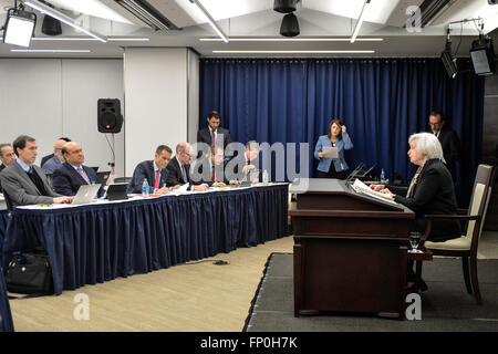 Washington, DC, USA. 16th Mar, 2016. U.S. Federal Reserve Chair Janet Yellen(R) speaks during a news conference in Washington, DC, capital of the United States, March 16, 2016. The U.S. Federal Reserve on Wednesday kept its benchmark short-term interest rates unchanged as widely expected, noting that 'global economic and financial developments continue to pose risks' to the U.S. economy. Credit:  Bao Dandan/Xinhua/Alamy Live News Stock Photo