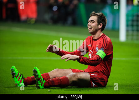 Munich, Germany. 16th Mar, 2016. Bayern Munich's Philipp Lahm reacts during the round of 16 second leg match of UEFA Champions League between Bayern Munich and Juventus in Munich, Germany, on March 16, 2016. Bayern Munich won the match by 4-2 and advanced to the quarterfinal with a 6-4 aggregate victory. © Philippe Ruiz/Xinhua/Alamy Live News