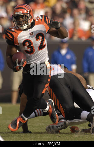 Cincinnati Bengals running back Rudi Johnson points to a group of