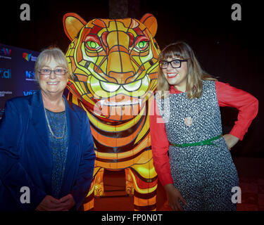 Sydney, Australia. 17th Mar, 2016. CEO of Destination NSW, Sandra Chipchase (L) and curator Jess Scully (R) pose with a giant Sumatran tiger light installation at the launch of Vivid Sydney at the Museum of Contemporary Art Australia (MCA) in Sydney. Vivid Sydney is a 23-day festival of light, music and ideas from 27 May-18 June 2016. © Hugh Peterswald/Pacific Press/Alamy Live News Stock Photo