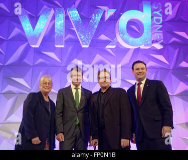 Sydney, Australia. 17th Mar, 2016. (L-R) CEO of Destination NSW, Sandra Chipchase, New South Wales Premier Mike Baird, Vivid Sydney Creative Director Ignatius Jones and New South Wales Minister for Trade, Tourism and Major Events Stuart Ayres pose at the launch of Vivid Sydney at the Museum of Contemporary Art Australia (MCA) in Sydney. Vivid Sydney is a 23-day festival of light, music and ideas from 27 May-18 June 2016. © Hugh Peterswald/Pacific Press/Alamy Live News Stock Photo