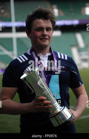 London, UK. 16th March, 2016.  Mattias Farmer winning capturing of Northampton School for boys poses with trophy at natweast schools under 18 vase final. Tom Smeeth/Alamy Live News Stock Photo