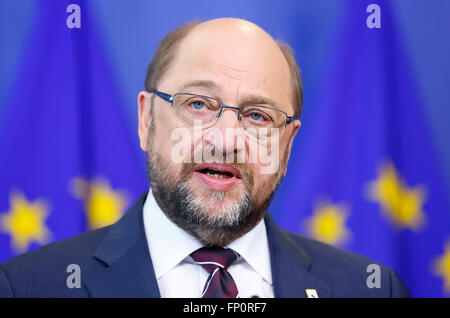 Brussels, Belgium. 17th Mar, 2016. European Parliament President Martin Schulz addresses a joint press conference with European Commission President Jean-Claude Juncker (not in the picture) at the European Commission headquarters in Brussels, Belgium, March 17, 2016. Credit:  Ye Pingfan/Xinhua/Alamy Live News Stock Photo