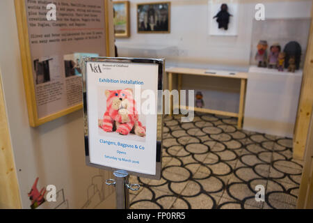 London, UK. 17th March 2016. Entrance sign to the 'The Clangers, Bagpuss & Co.' exhibition at the V&A Museum of Childhood in Bethnal Green, London.  The free exhibition runs from 19 March to 9 October 2016 Credit:  London pix/Alamy Live News Stock Photo