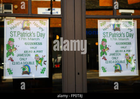 London, UK 17 March 2016 - A pub window in North London advertising special offers on drinks for St Patrick's Day celebrations Credit:  Dinendra Haria/Alamy Live News Stock Photo