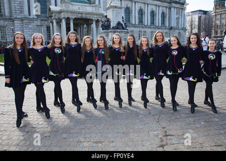 Belfast, Ireland. 17th March, 2016. 2016 Irish Dancers, dancing outside Belfast City hall  on Saint Patricks day at the Saint Patricks Day Celebrations Credit:  Bonzo/Alamy Live News Stock Photo