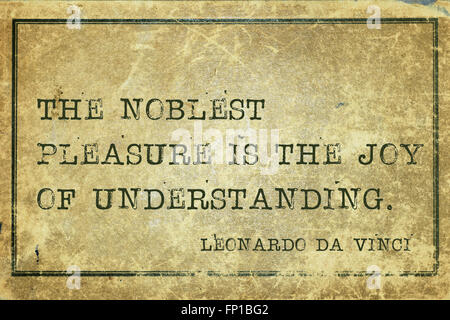 The noblest pleasure is the joy of understanding - ancient Italian artist Leonardo da Vinci quote printed on grunge vintage card Stock Photo