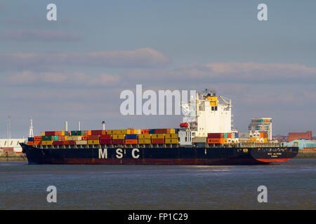 MSC ALYSSA loaded Shipping Container Ship  arriving in the Port of Liverpool Merseyside, UK Stock Photo