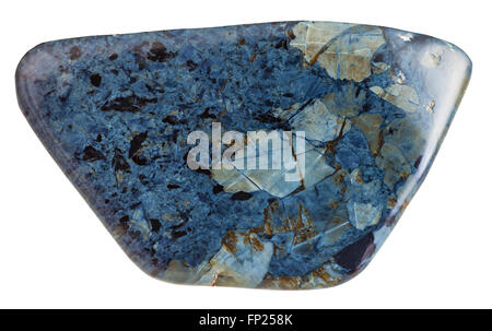 macro shooting of natural gemstone - specimen of rhodusite (blue asbestos, riebeckite) mineral gem stone isolated on white backg Stock Photo