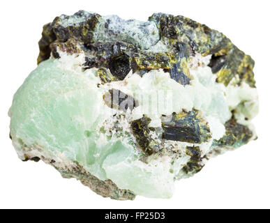 macro shooting of natural rock specimen - piece of Prehnite mineral stone with Epidote crystals isolated on white background Stock Photo