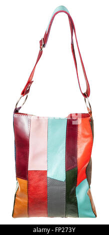shoulder bag from multi-colored leather pieces isolated on white background Stock Photo