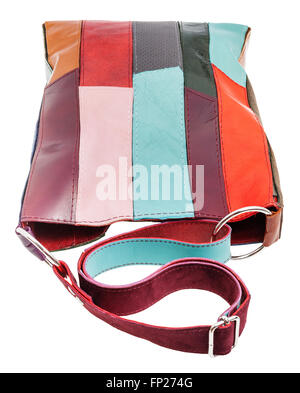 above view of shoulder handbag from multicolored leather pieces isolated on white background Stock Photo