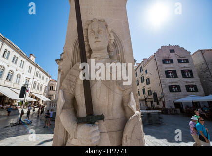 knight Orlando's Column in front of Saint Blaise's church at Luza Square on the Old Town of Dubrovnik city, Croatia Stock Photo