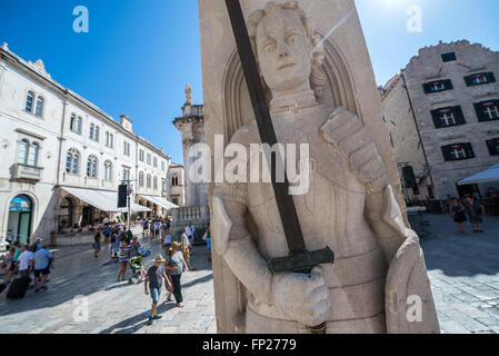 knight Orlando's Column in front of Saint Blaise's church at Luza Square on the Old Town of Dubrovnik city, Croatia Stock Photo