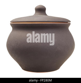 profile view of closed ceramic pot from black unglazed clay isolated on white background