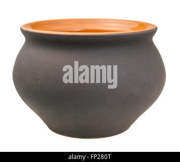 profile view of open ceramic pot from black unglazed clay isolated on white background Stock Photo