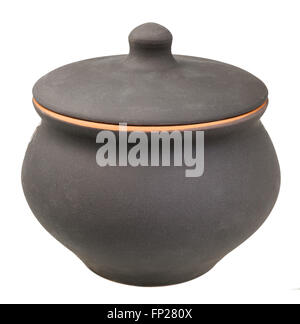 closed ceramic pot from black unglazed clay isolated on white background