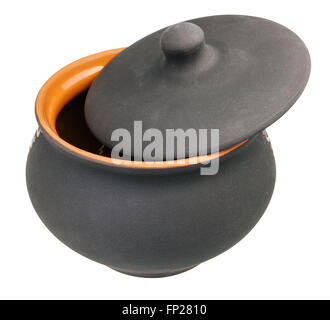 ceramic pot from black unglazed clay with slightly open lid isolated on white background Stock Photo