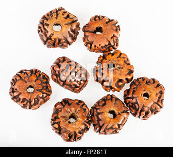 several wooden beads from Rudraksha tree seeds on white background Stock Photo