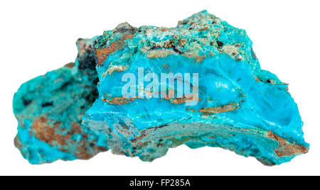 macro shooting of natural rock specimen - piece of blue Chrysocolla mineral gemstone in cupriferous sandstone isolated on white Stock Photo