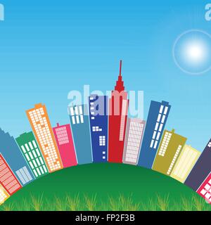 Illustration of a colorful city on a green hill. Stock Vector