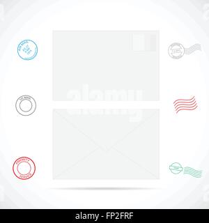 Illustration of an envelope with stamps isolated on a white background. Stock Vector