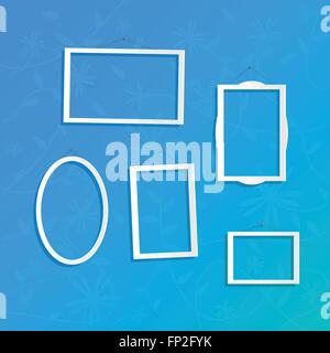 Illustration of hanging white frames on a colorful blue background. Stock Vector
