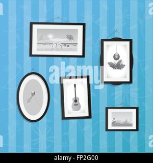 Illustration of hanging frames with pictures on a colorful background. Stock Vector