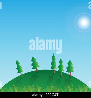 Illustration of a hill with grass, trees, sun and blue sky. Stock Vector