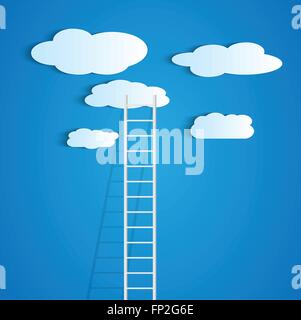 Illustration of a ladder reaching up to the clouds against a colorful blue background. Stock Vector