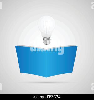 Illustration of a lightbulb above a book isolated on a gray background. Stock Vector