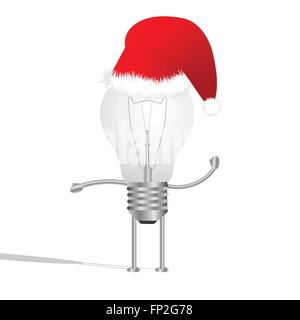 Illustration of a lightbulb with Christmas hat isolated on a white background. Stock Vector