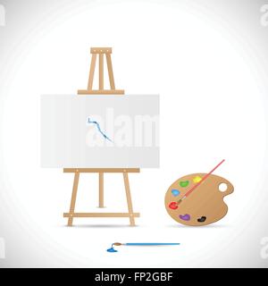 Illustration of a wooden easel, palette and paintbrushes isolated on a white background. Stock Vector