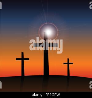 Illustration of 3 religious crosses against a colorful sky background. Stock Vector