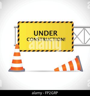 Illustration of an Under Construction sign with safety cones isolated on a white background. Stock Vector