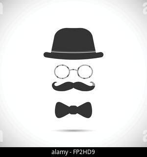 Illustration of a hat, glasses, mustache and bow tie design isolated on a white background. Stock Vector