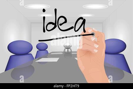 Illustration of a company meeting with the word 'idea' being written. Stock Vector