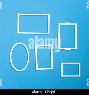 Illustration of hanging white frames on a colorful orange background. Stock Vector