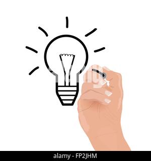 Image of a hand drawing a light bulb isolated on a white background. Stock Vector