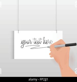 Illustration of a hand writing on a hanging sign isolated on a light background. Stock Vector