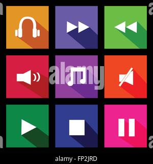 Illustration of various colorful audio metro icons on a dark background. Stock Vector