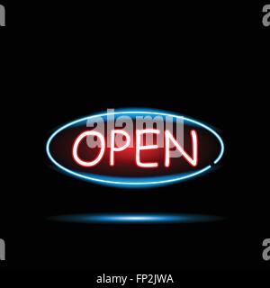 Illustration of an Open neon sign against a dark background. Stock Vector