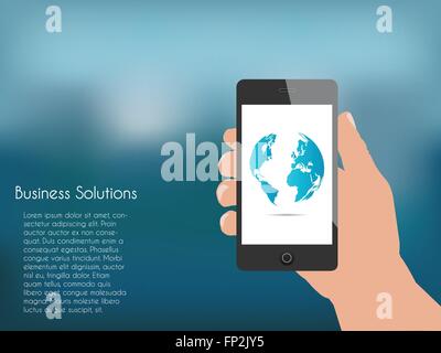 Illustration of a hand holding a phone with a colorful blue background. Stock Vector
