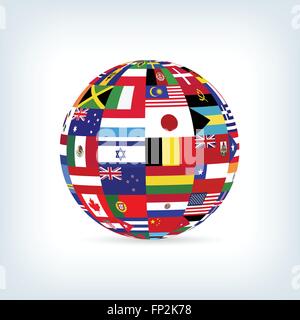 Illustration of a sphere with flags from many countries. Stock Vector