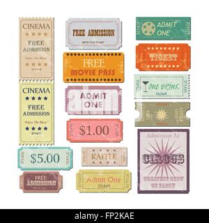 Illustration of various colorful vintage tickets isolated on a white background. Stock Vector