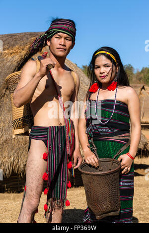Phnong man and woman in traditional costume, ethnic minority, Pnong, Bunong, Senmonorom, Sen Monorom, Mondulkiri Province Stock Photo
